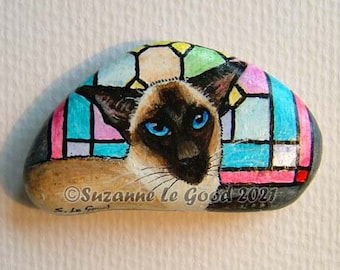 Siamese Cat art painting stone pebble rock original hand painted stained glass window by Suzanne Le Good