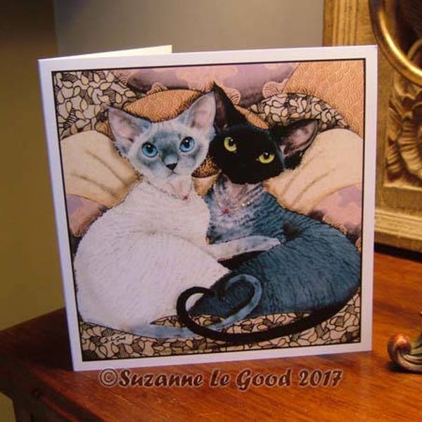 Devon Rex Cat art card glitter all occasions from original painting by English artist Suzanne Le Good