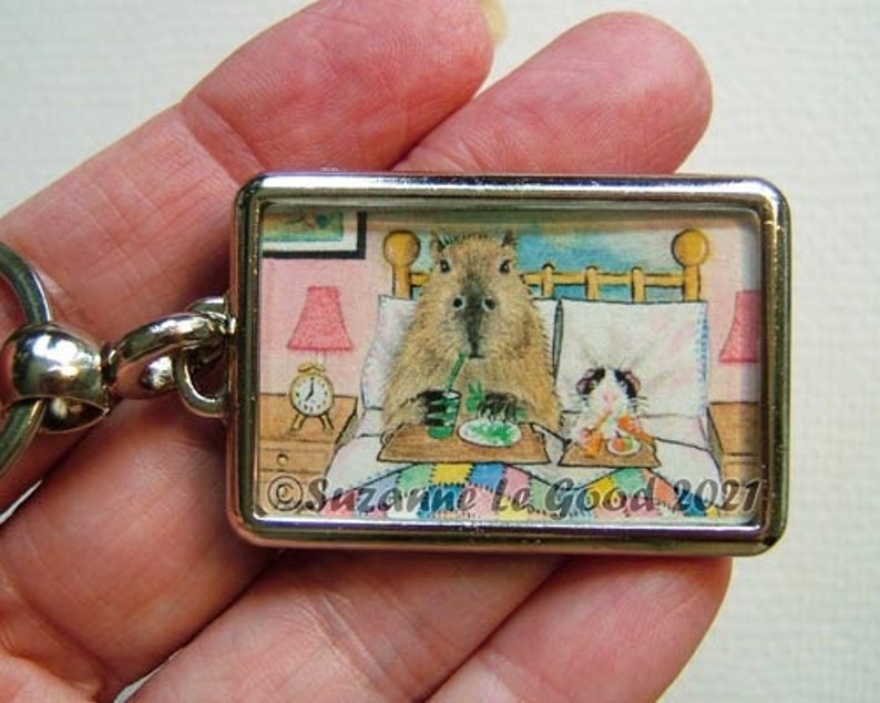 Guinea Pig Capybara art Keyring key chain handbag charm with print from original painting by Suzanne Le Good image 1