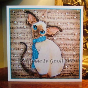 Siamesische Katze Kunst Weihnachtskarte von original Gemälde glitzernden Schnee Chocolatepoint exklusiven englischen Künstlers Suzanne Le Good quadratischen format