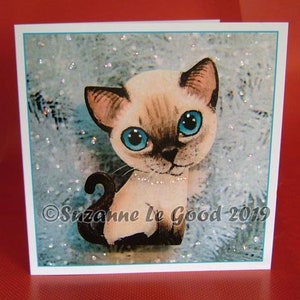 Siamesische Katze Sealpoint Kätzchen Kunst Weihnachtskarte aus original-Gemälde, alten Stil Siam, traditionell von englischen Künstler Suzanne Le Good