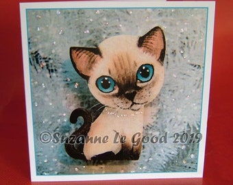 Siamese Cat sealpoint kitten art Christmas card from original painting, old-style Siamese, traditional by English artist Suzanne Le Good