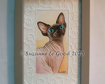 Sphynx cat art painting watercolour, sealpoint, embossed framed, original hand painted by Suzanne Le Good