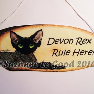 DEVON REX CAT dipinto artistico cartello appeso fetta di albero di fumo nero carta laminata di Suzanne Le Good