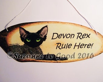 DEVON REX CAT art painting hanging sign black smoke tree slice laminated card by Suzanne Le Good