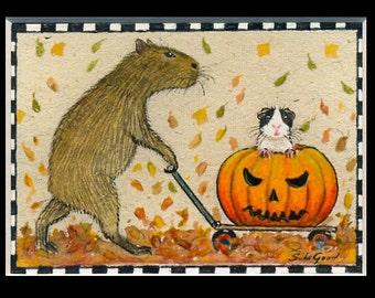 GUINEA PIG & CAPYBARA art Halloween Aceo Limited Edition matted print from original painting by Suzanne Le Good