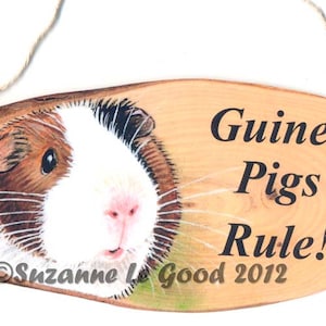 May include: A wooden sign with a painted image of a guinea pig and the text "Guinea Pigs Rule!"  The sign is oval shaped and has a rope for hanging.