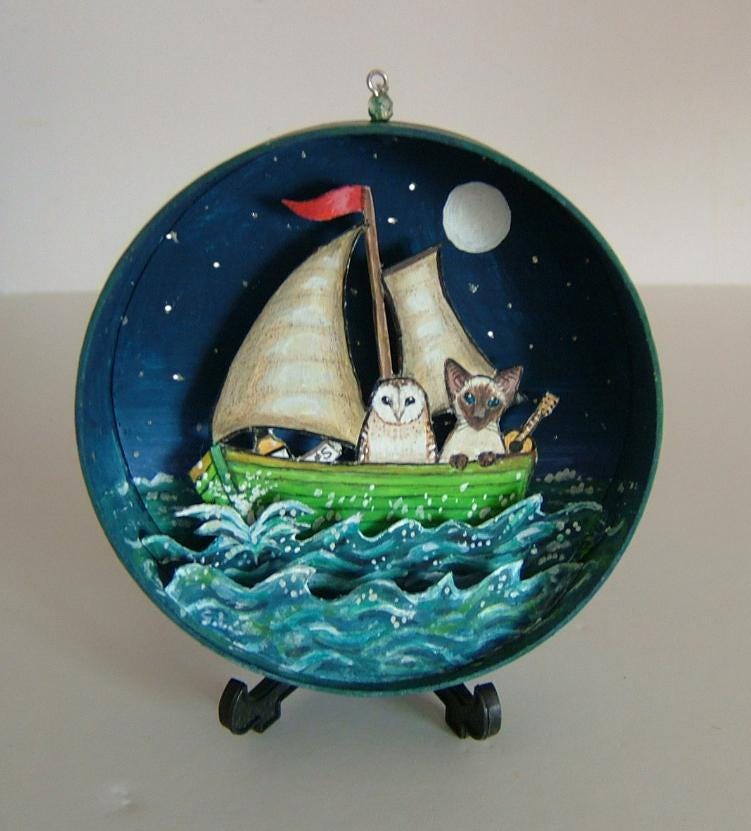 The Owl and the Pussycat Siamese cat art diorama painting model collectible original handmade and pa