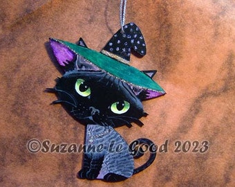 Devon Rex Cat witch art hanging plaque painting sign figurine original hand painted by Suzanne Le Good