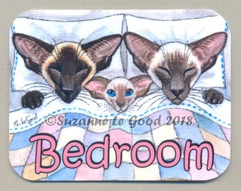 Siamese  cat art painting Bedroom door sign laminated sign by Suzanne Le Good