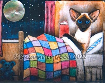 SIAMESE CAT moon art ACEO Limited Edition mounted print from original painting by Suzanne Le Good