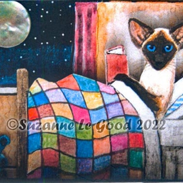 SIAMESE CAT moon art ACEO Limited Edition mounted print from original painting by Suzanne Le Good