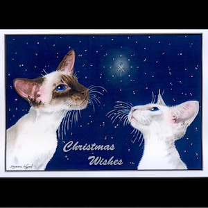 Grande carte de Noël scintillante CHAT siamois avec étoiles, peinture chocolatepoint lilas, paillettes par Suzanne Le Good