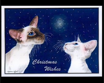 Large Glittery SIAMESE CAT art stars painting chocolatepoint Lilacpoint glitter Christmas Card by Suzanne Le Good