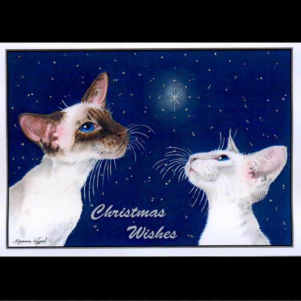 Large Glittery SIAMESE CAT art stars painting chocolatepoint Lilacpoint glitter Christmas Card by Suzanne Le Good