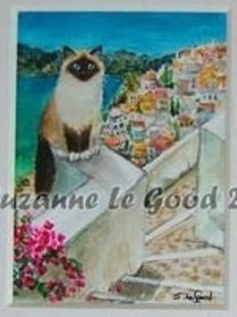 Birman Cat art ACEO Santorini Greece Limited Edition mounted print from original painting by Suzanne Le Good image 2