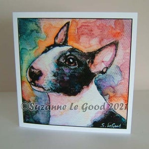 Cartão de aniversário de saudações com pintura artística de cachorro Bull Terrier inglês, design original da artista inglesa Suzanne Le Good