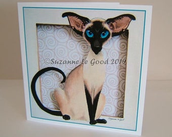 Siamese cat art painting birthday greetings card sealpoint original design by English artist Suzanne Le Good