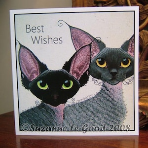 Carte de voeux de peinture d'art de chat de Devon Rex d'après la peinture originale de l'artiste anglaise Suzanne Le Good fumée noire, fumée bleue, toutes les occasions