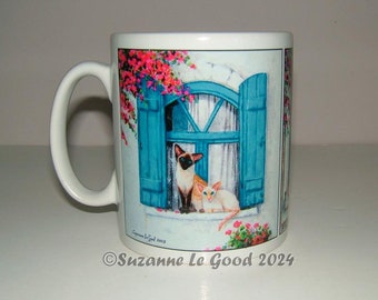 Siamese cat ceramic art mug from original painting Greek Islands by Suzanne Le Good