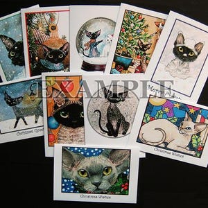Devon Rex Katzen Kunstmalerei Weihnachtskarten 10er Set, Feiertage, Abwechslung, glitzernd, original Design von Suzanne Le Good
