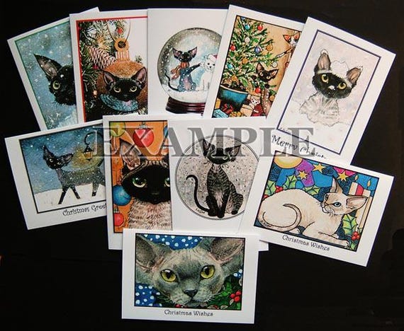 デボンレックス猫のアート絵画クリスマスカードミックスパック10枚