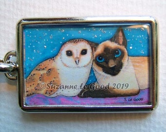 Siamese Cat Owl pussycat  Keyring, keychain, handbag charm cat carrier charm print from original painting by Suzanne Le Good
