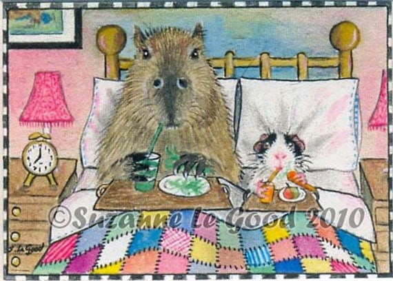 ACEO LITTLE  LARGE CAPYBARA GUINEA PIG LIGHTHOUSE PRINT PAINTING SUZANNE LE GOOD 
