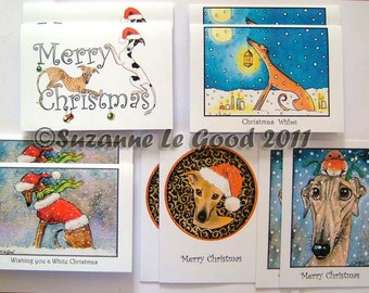 GREYHOUND  WHIPPET dog pack of 10 assorted CHRISTMAS holiday cards by Suzanne Le Good