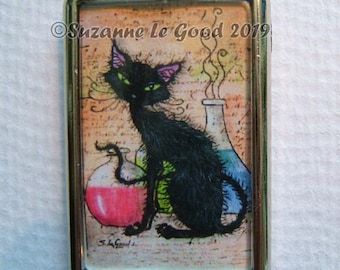 Black cat Witches cat art Keyring, keychain, handbag charm cat carrier charm print from original painting by Suzanne Le Good