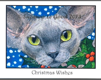 Blue Smoke DEVON REX CAT Christmas Cards pack of 6  by Suzanne Le Good