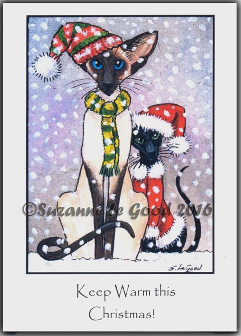 8 Mixed Siamese and Oriental Cat art painting Christmas cards holiday by Suzanne Le Good image 3