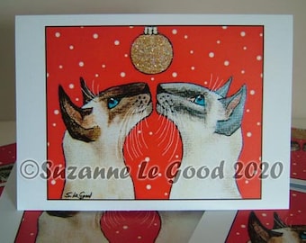 Siamese cat art painting Christmas holiday cards bluepoint chocolatepoint original design by Suzanne Le Good