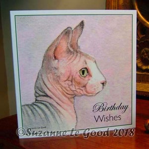 Sphynx Katze Kunst Malerei Geburtstagskarte nach Original-Gemälde der englischen Künstlerin Suzanne Le Good blau-weiße haarlose Katze