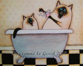 Siamese cat kitten art print from original painting mounted folk art style bath sealpoint comical by Suzanne Le Good