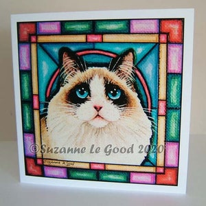 Ragdoll Cat schilderij verjaardag groeten kaart glas-in-lood raam stijl origineel ontwerp van de Engelse kunstenaar Suzanne Le Good