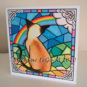 Siamese kat kunst schilderij kaart sterfgeval condoleance Rainbow Bridge glas in lood door Engelse kunstenaar Suzanne Le Good