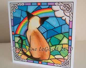Siamese Cat art painting card bereavement condolence Rainbow Bridge stained glass by English artist Suzanne Le Good