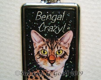 BENGAL CAT Keyring handbag cat carrier charm with print from original painting by Suzanne Le Good