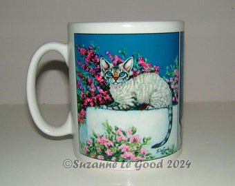 Devon Rex cat ceramic art mug coffee cup from original painting Greek Islands by Suzanne Le Good