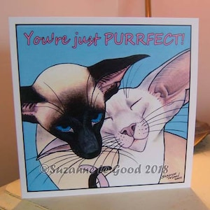 Siamesische Katze Kunst Malerei Valentinstag Karte Siegelpunkt Lilacpoint aus original-Gemälde von englischen Künstler Suzanne Le Good