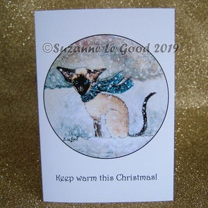 Gatto siamese art painting Cartoline di Natale confezione di 6 sealpoint snow design originale esclusivo di Suzanne Le Good