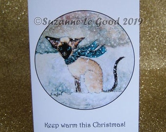 Siamese cat art painting Christmas Cards pack of 6  original design sealpoint snow exclusive by Suzanne Le Good
