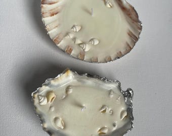 Set de regalo de velas de concha hechas a mano: ostra y vieira, decoración costera