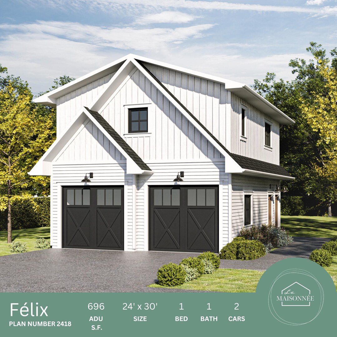 24x30 Garage Apartment Plan | ADU With 2 Car Garage | 1 Bedroom ...