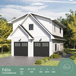 24&#39;x30&#39; ADU Plan Garage Plan Modern 2 Car Garage Plans Loft Plan Guest House Plan Apartment Garage ADU House Plan Loft Garage w/ apartment