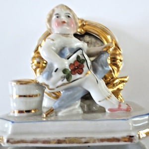 JULY SALE Signed Antique German Porcelain Fairing, Child with Roses, Umbrella, Trinket Box, Jewelry Box,          2 Piece Box