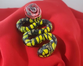 Polymer Clay Pendant snake with black light reactive rose, Abstract