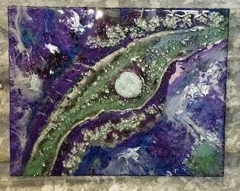 Acrylic resin pour wall hanging 14x11 on canvas featuring fire glass