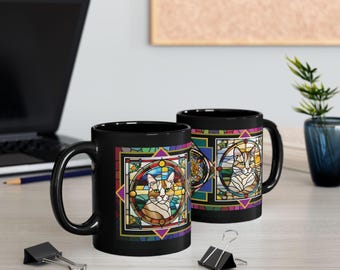 Stained Glass Cat Mug, Black Coffee Cup, Gift for Cat Lover